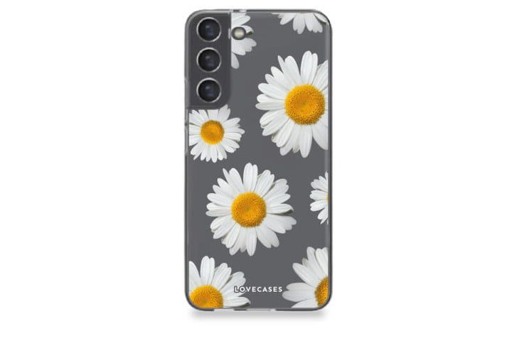 La funda de gel transparente LoveCases con un estampado de margaritas blancas y amarillas en el Samsung Galaxy S22.