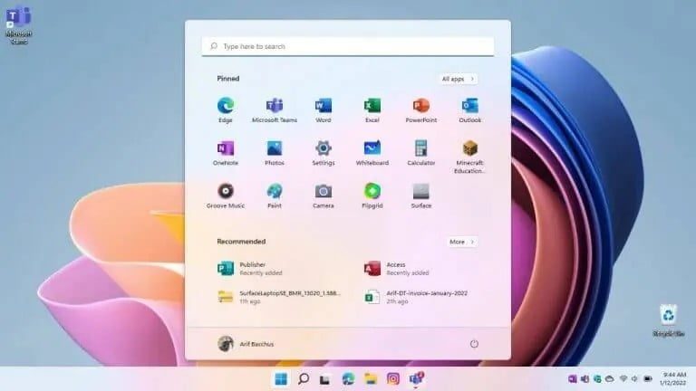 Menu de configuración de Windows 11.