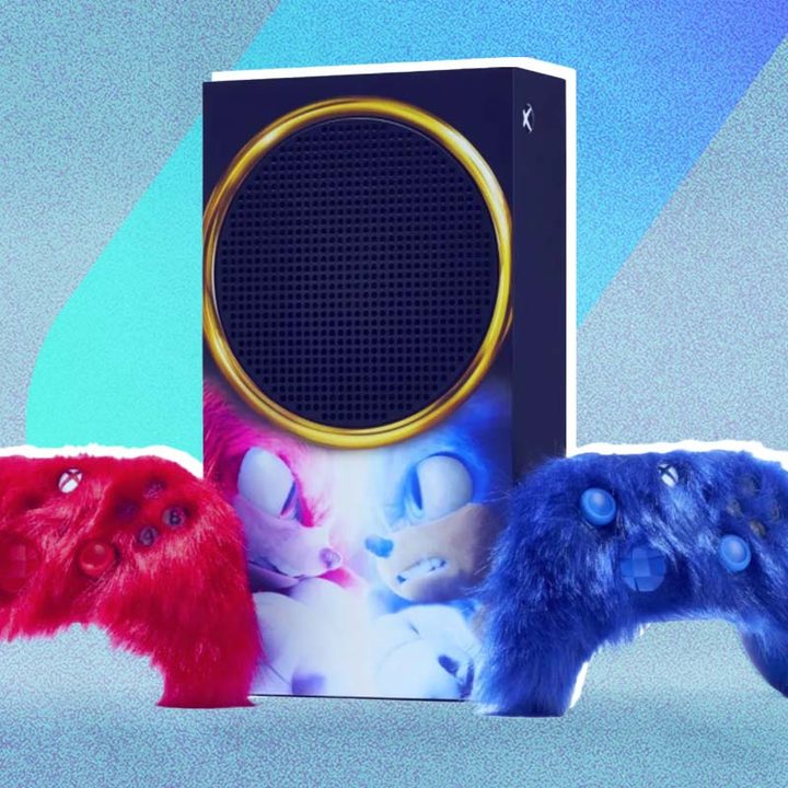 Los nuevos controles de Microsoft y la nueva Xbox Series S con temática de Sonic the hedgehog.