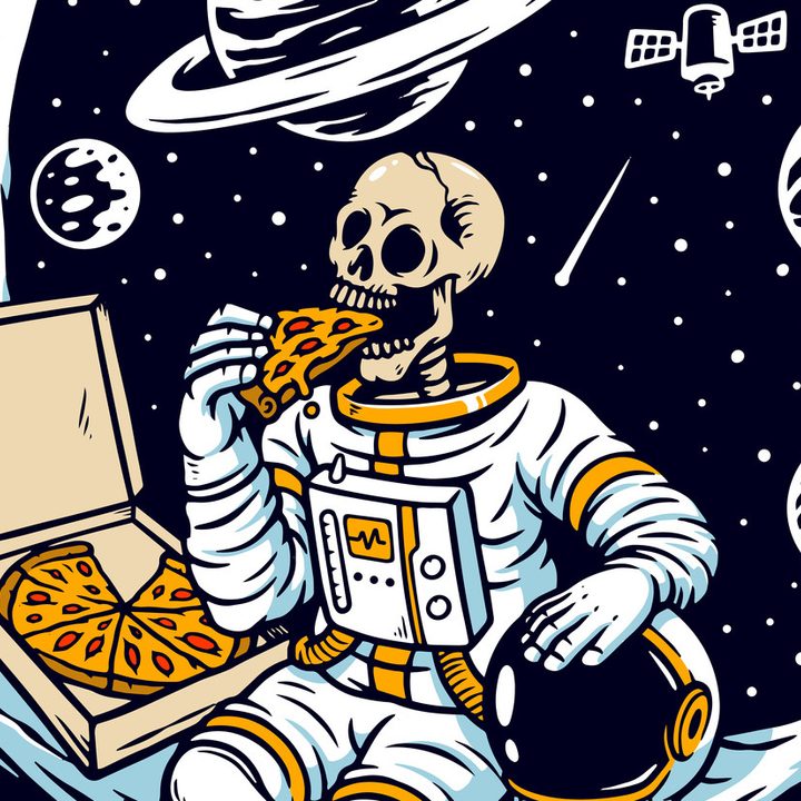 Ilustracion de esqueleto comiendo pizza en el espacio