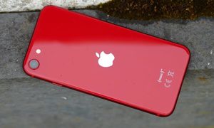 Apple iPhone SE (2022) en color rojo mostrando la parte posterior.