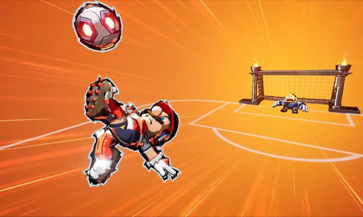 Mario patea un balón a la portería con una voltereta.