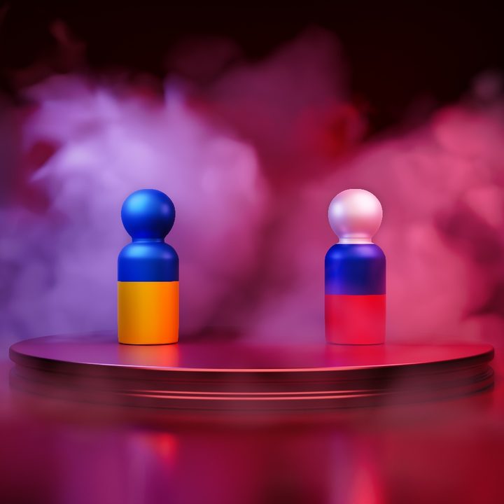 Peones de ajedrez con las banderas de Ucrania y Rusia