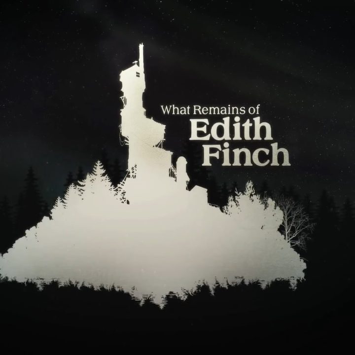 Un bosque oscuro con un reflejo iluminado mostrando las letras del nombre del juego, What Remains of Edith Finch.