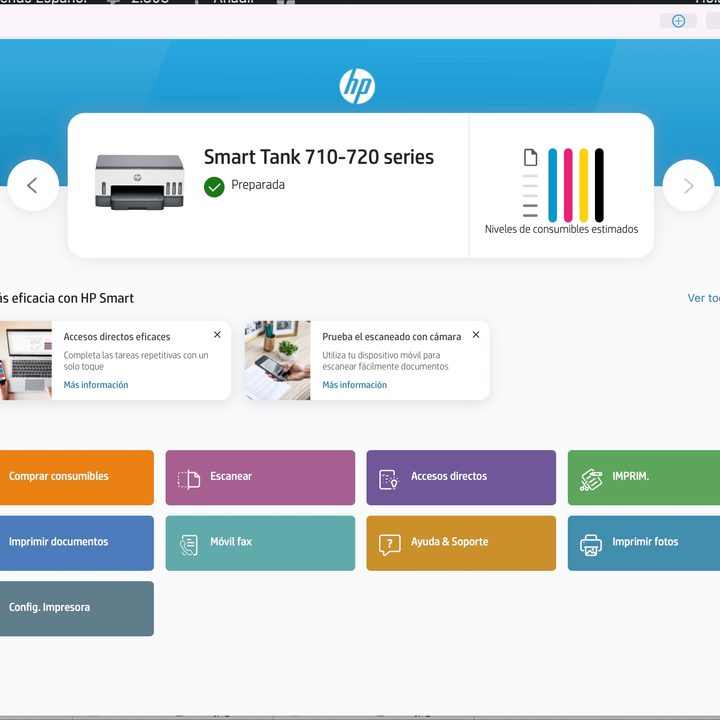 Interfaz principal de la aplicación de escritorio HP Smart.