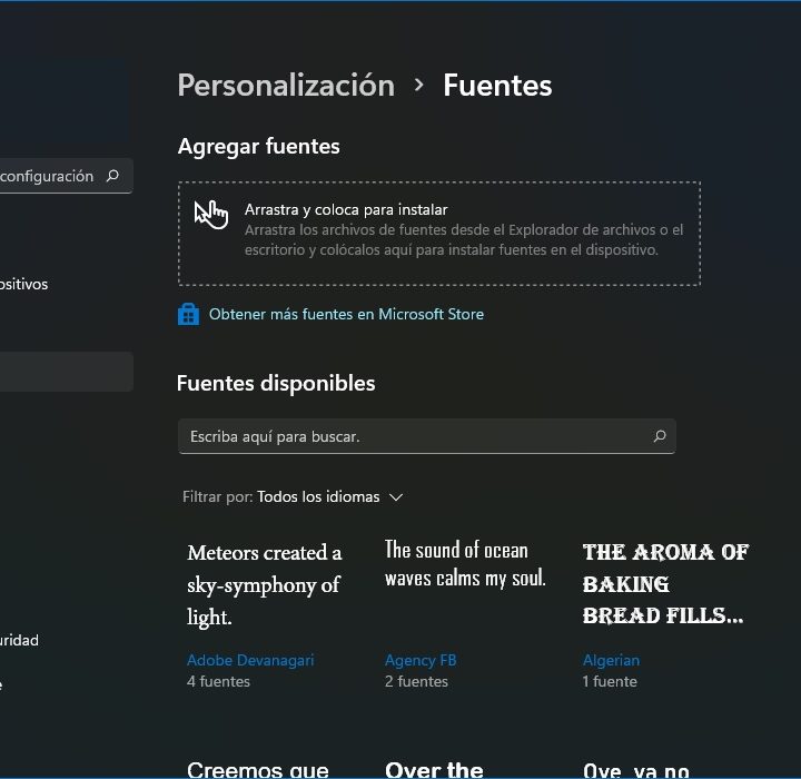 Menú Fuentes en Windows 11.