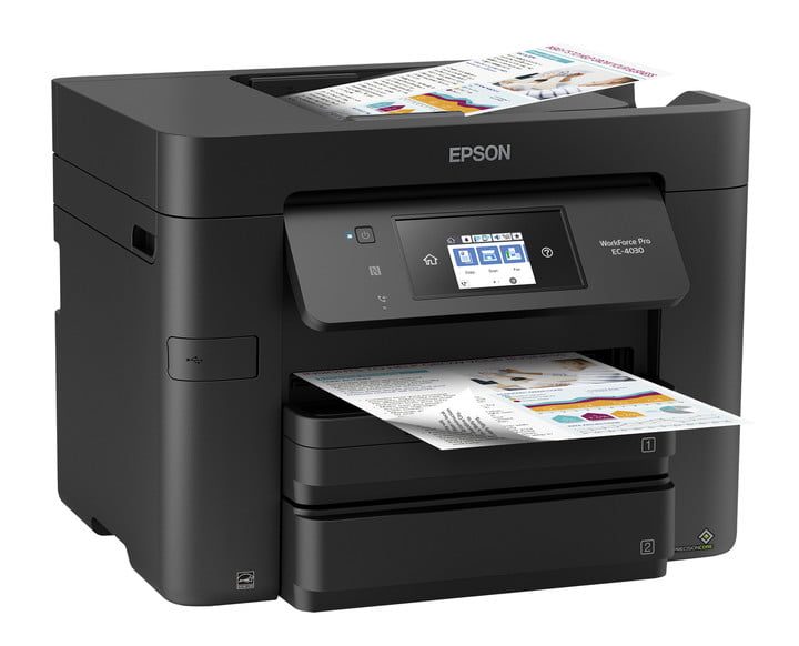Impresora Epson WorkForce EC-4030 con documentos impresos.