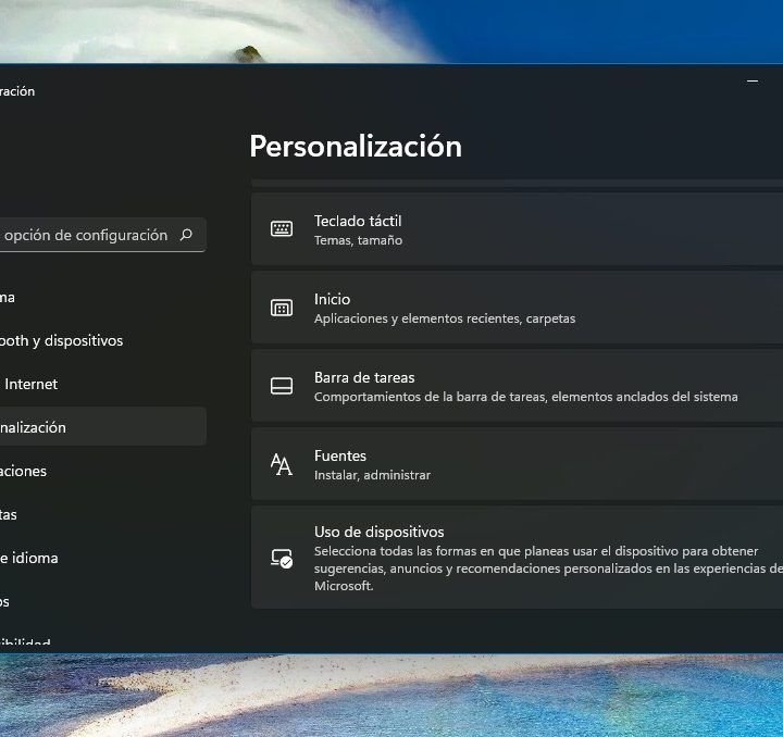 Menú Personalización en Windows 11.