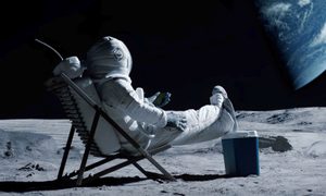 Astronauta descansando en la luna em ima silla de playa – Cuánto se tarda en completar un viaje espacial.