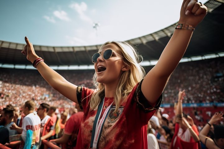 Fanática disfrutando de un partido de fútbol en un estadio.