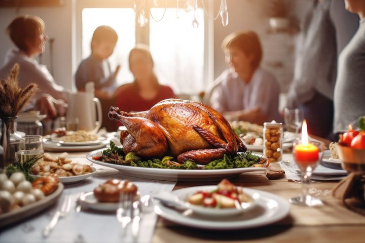 Cena de Thanksgiving con el cl&aacute;sico pavo &ndash; Calendario de d&iacute;as festivos de 2023 en Estados Unidos.