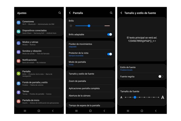 Ajustes de un celular Samsung para cambiar la fuente.