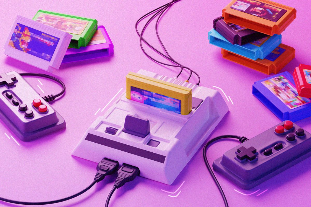 Una consola de videojuegos retro con cartuchos y controles.