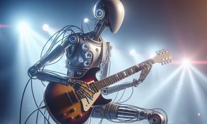 Un robot tocando la guitarra. Imagen hecha con inteligencia artificial.