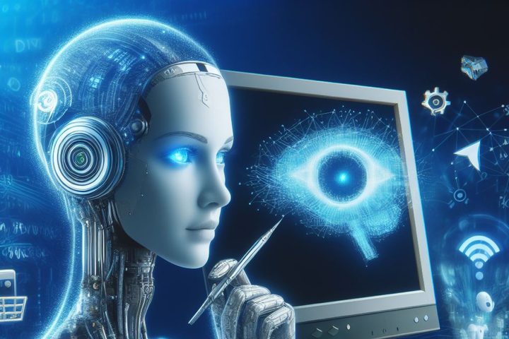 Imagen generada por IA que incluye un computador y un androide.