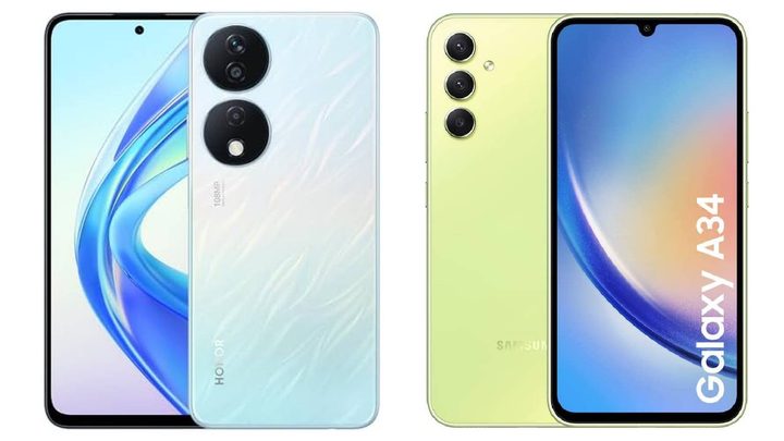 Una imagen comparativa del Honor X7b vs Galaxy A34