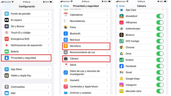 Cómo revisar los permisos de cámara y micrófono en iPhone.
