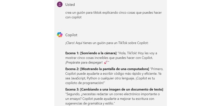 Una imagen de un guión para TikTok creado por Copilot.