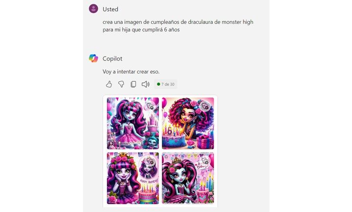 Una imagen de cumpleaños de Draculaura creada con Copilot.