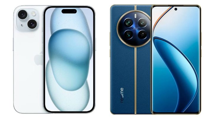 Una comparativa entre el iPhone 15 y el Realme 12 Pro Plus.