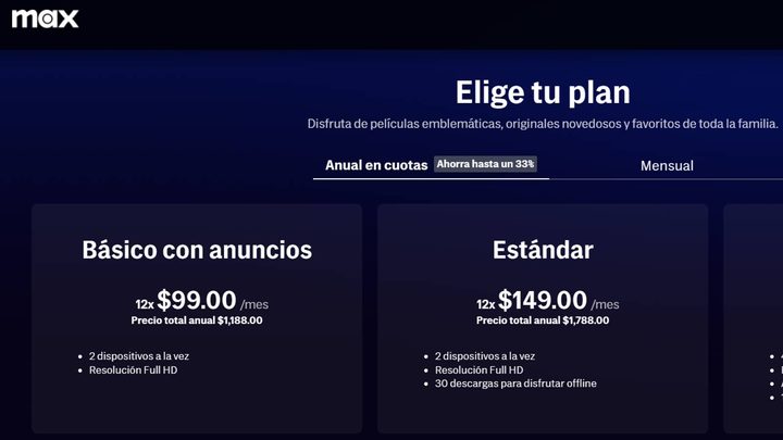 El precio de una suscripción a Max desde su página web.