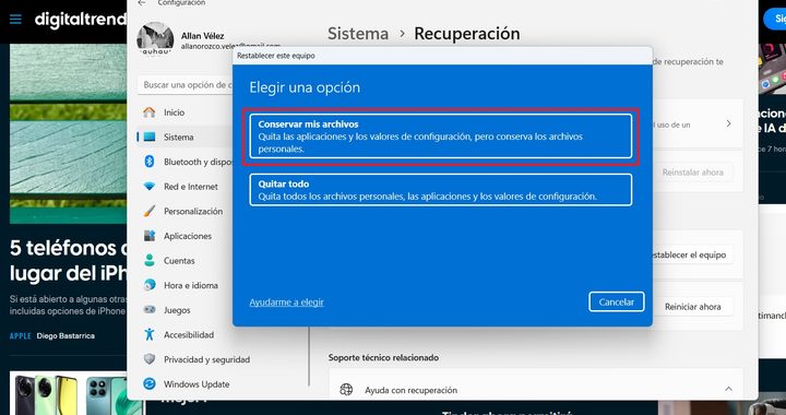 Cómo reinstalar Windows 11 sin perder archivos.