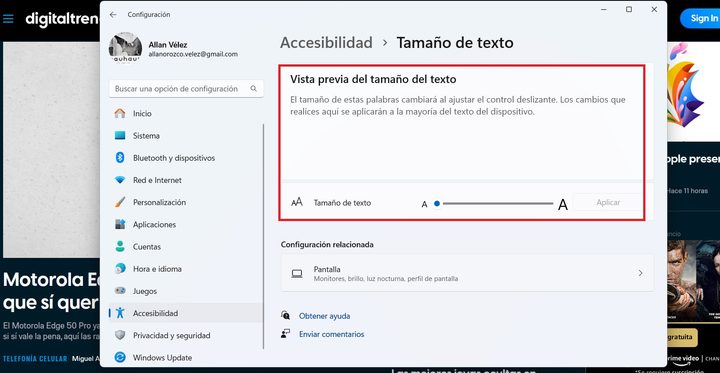 Cómo ajustar el tamaño del texto en Windows 11.