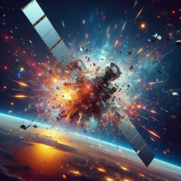 Ilustración IA desintegración satélite