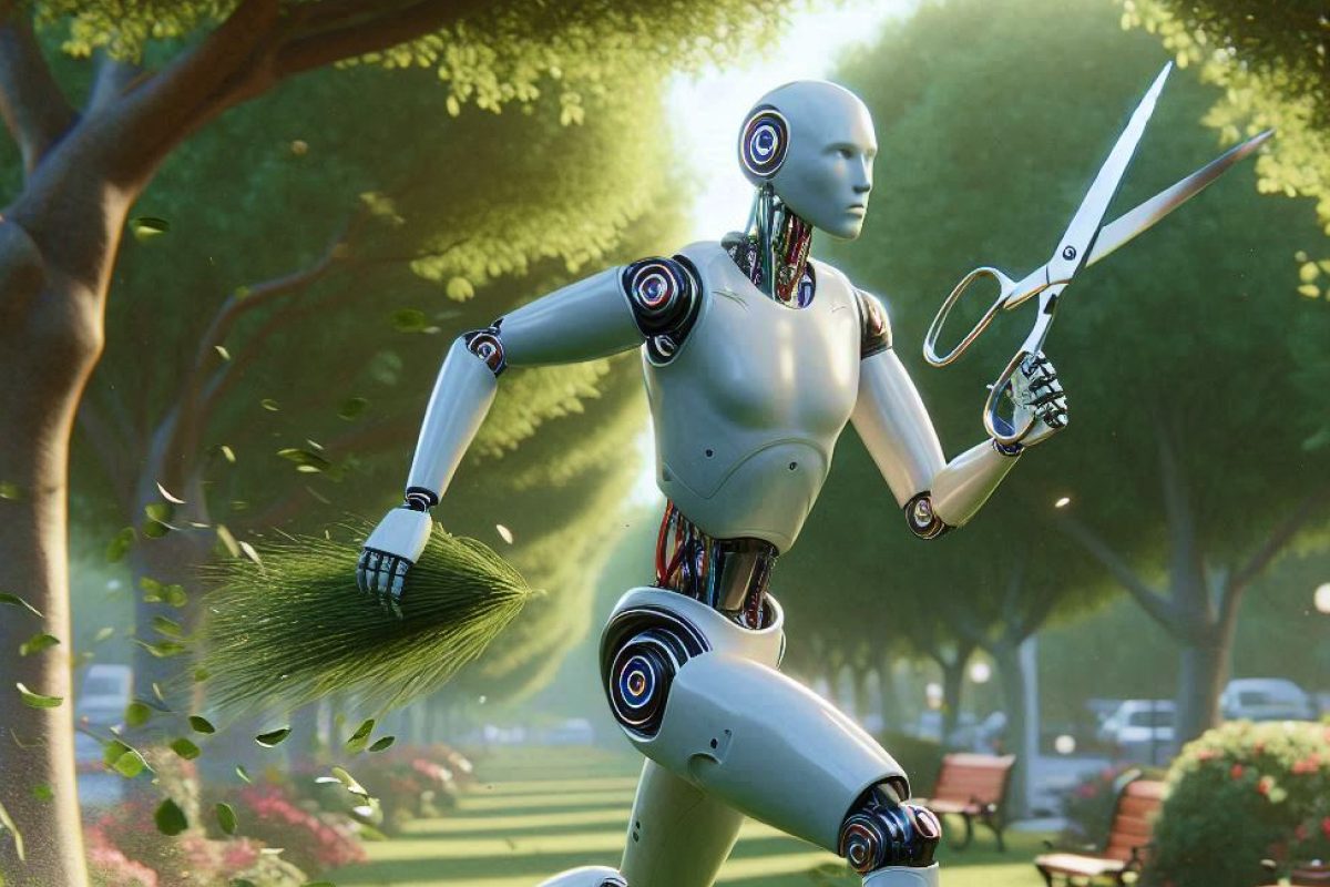 Una imagen generada por IA de un robot corriendo con unas tijeras.