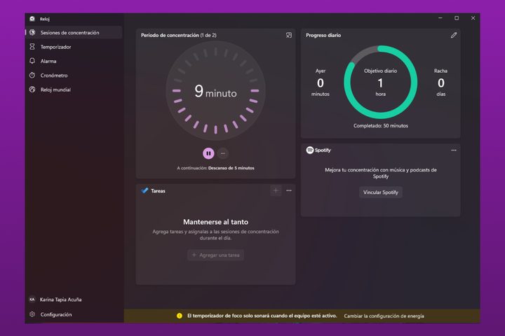 Sesiones de concentración en Windows 11.