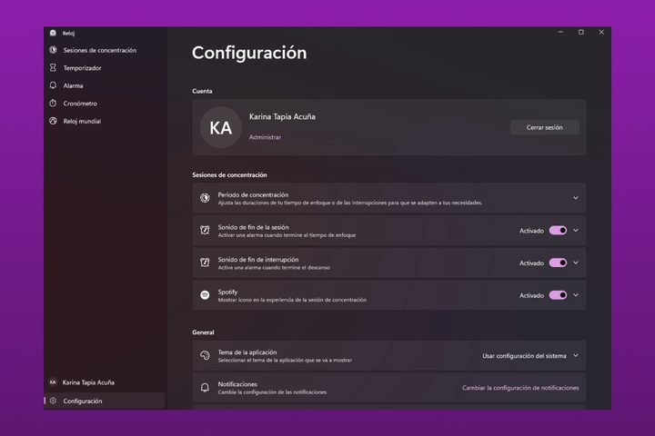 Sesiones de concentración en Windows 11.