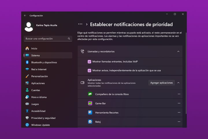 Sesiones de concentración en Windows 11.