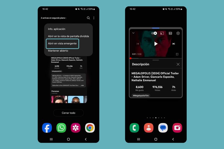 Cómo dividir la pantalla en tu celular Samsung 4 Vista emergente