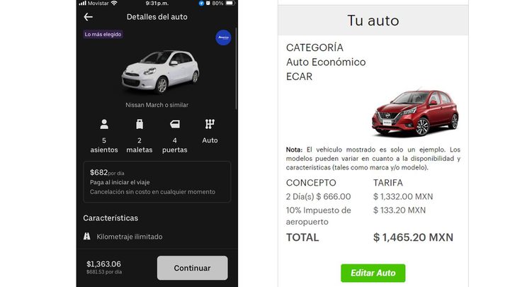 Una comparativa de precios de la renta de autos de Uber en México.