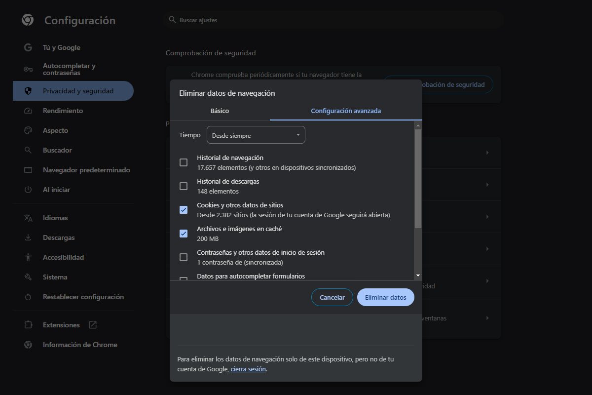 Eliminar cookies, caché, datos de navegación Google Chrome.