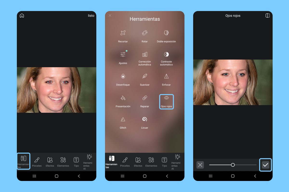 Cómo quitar los ojos rojos de tus fotos en Android Pixlr AI