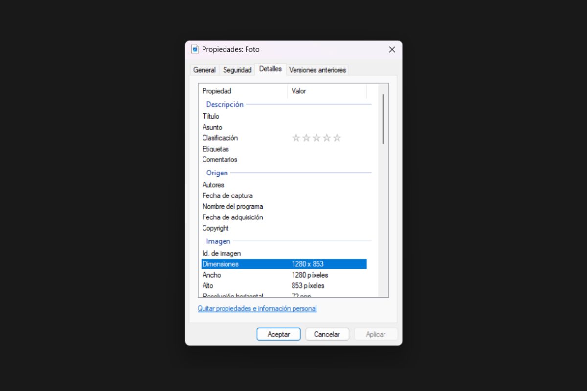 Foto Propiedades Pixeles tamaño