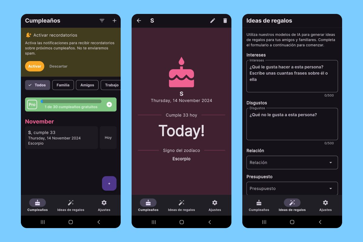 Recordar cumpleaños app Birthdays - Recordatorio de cumpleaños