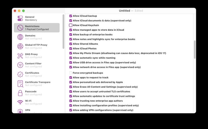 Un perfil de Apple Configurator.