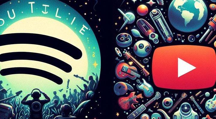 Una imagen creada con IA de Spotify vs YouTube Music.