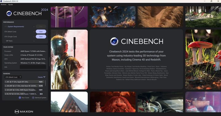 Una imagen del programa de benchmark Cinebench.