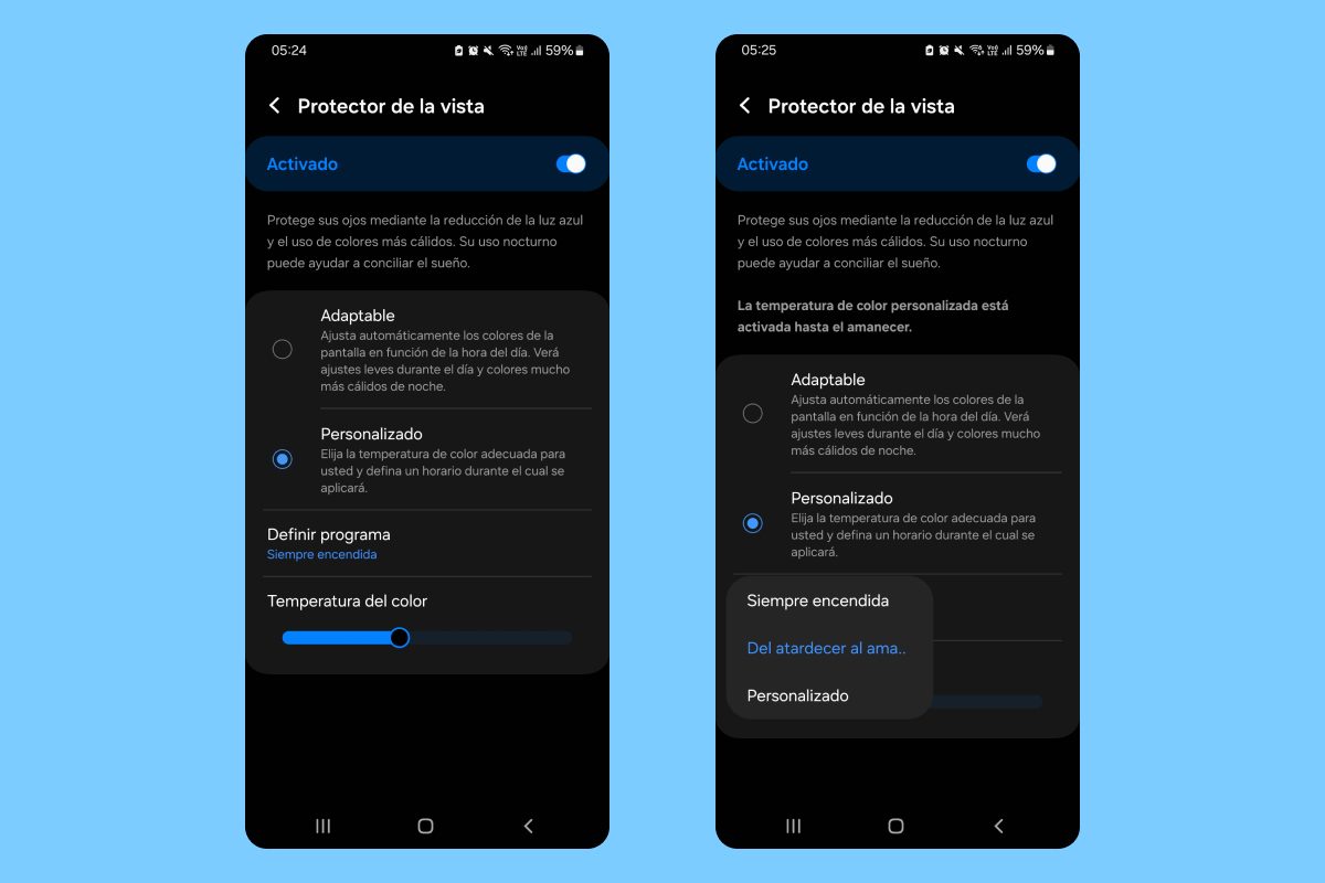 Programa la luz nocturna para evitar la luz azul Ajustes Android