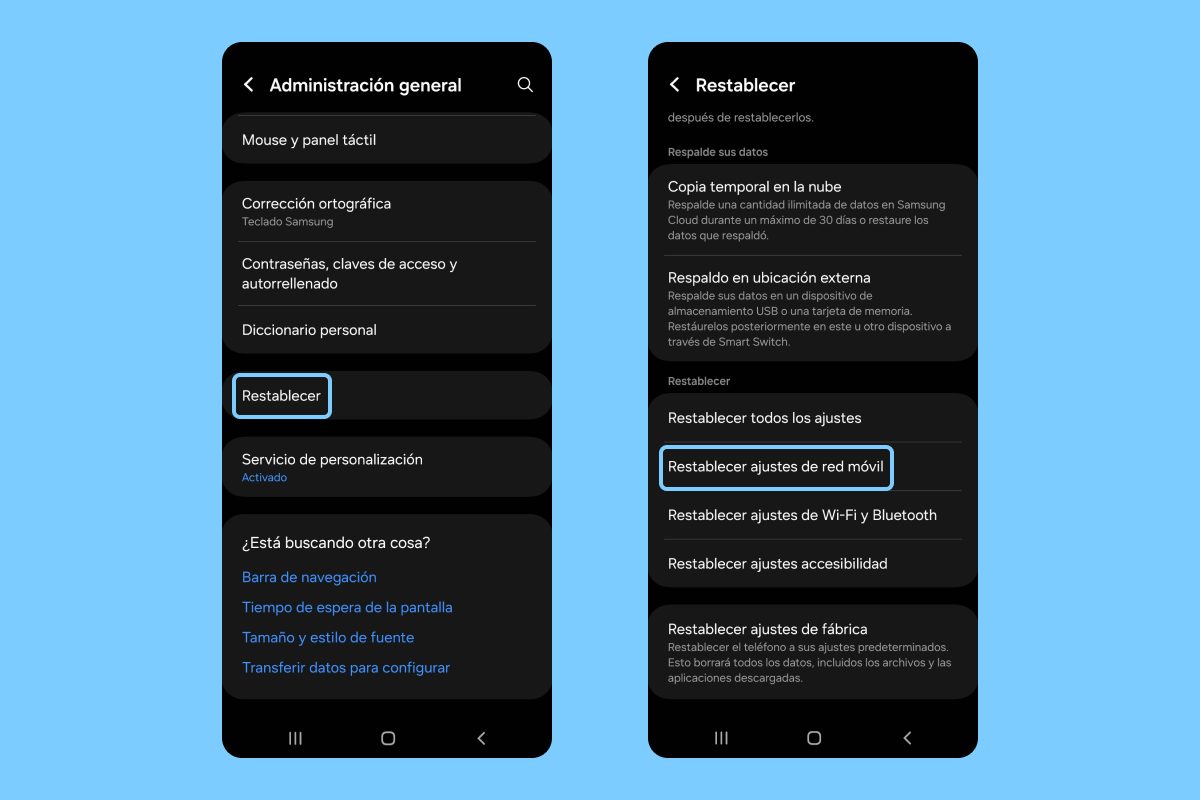 Restablecer ajustes de red móvil