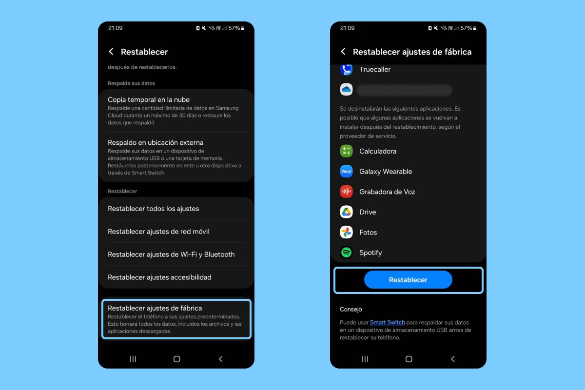 Samsung Restablecimiento desde los ajustes 2