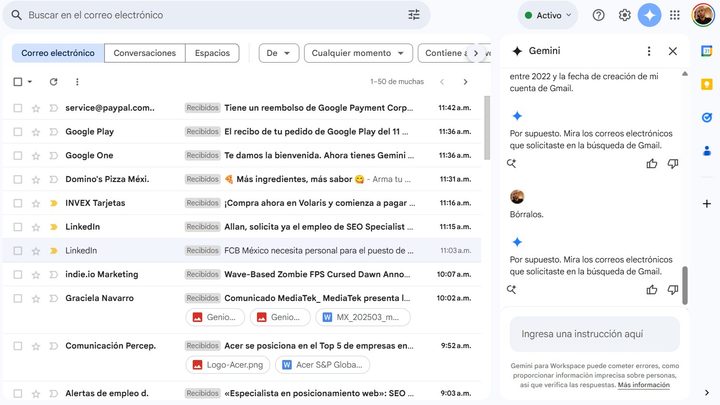 Probé Gemini en Gmail.