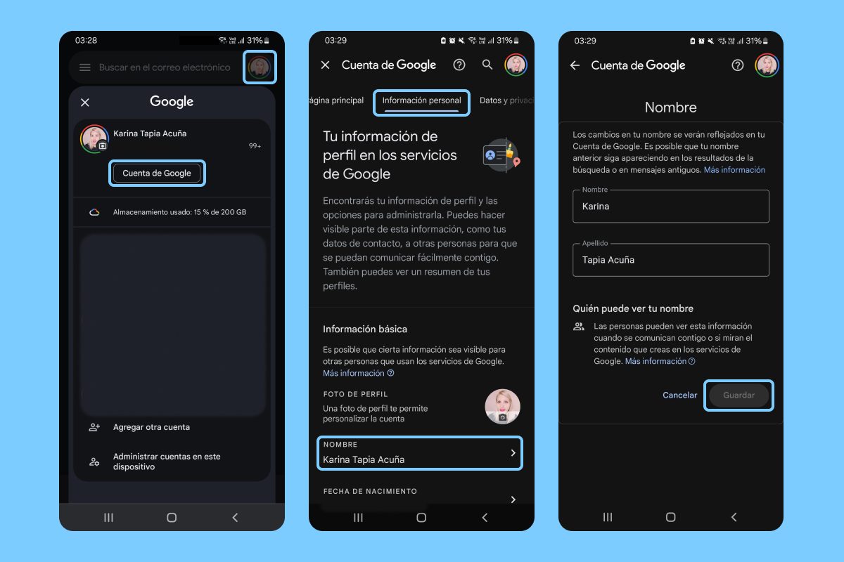 Cambiar nombre correo Gmail Celular