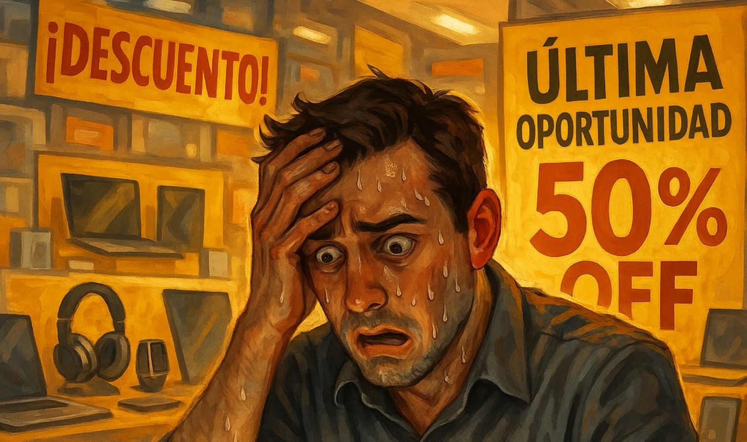 Hombre sudando por ofertas