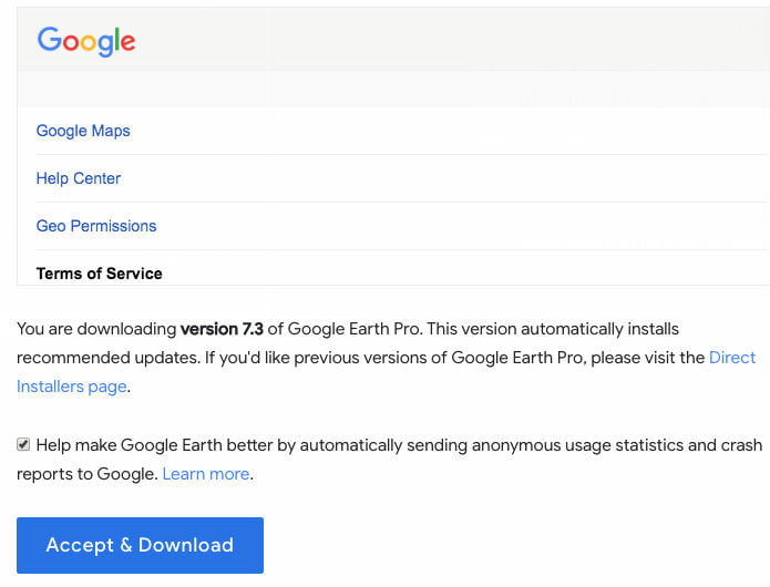 Acepta los términos para obtener Google Earth Pro gratis