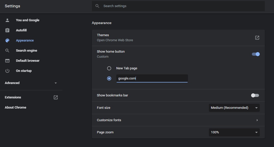 establecer Google como página de inicio. Pantalla de Chrome