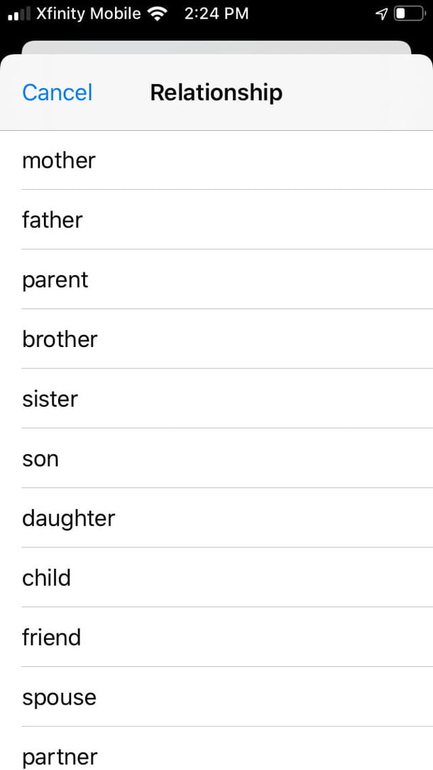 Captura de los contactos de emergencia de iPhone